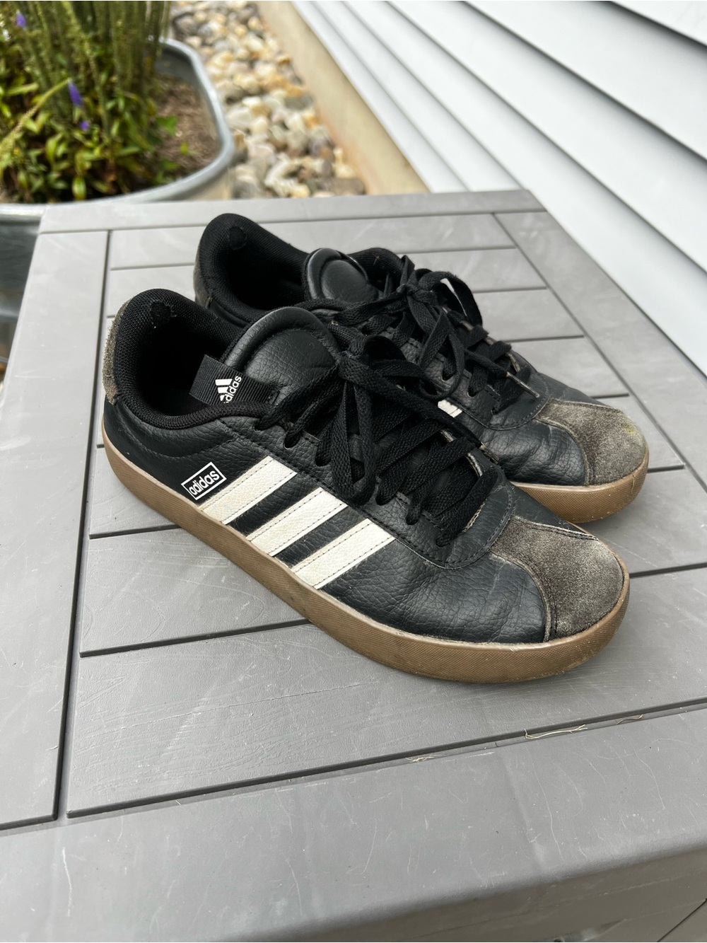 Adidas Women’s Black Leather Sneakers with Gum Sole size 7